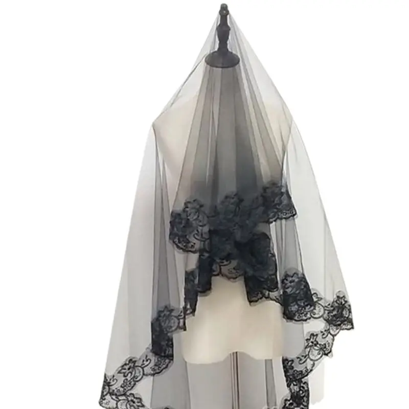 One-Layer Women Girl Black Mantilla Wedding Veil Embroidery Floral Lace Trim Halloween Cosplay Costume Sheer Hair Accessories