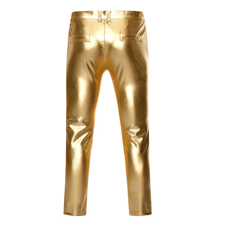 Pantalones de cuero PU para motocicleta para hombre, pantalones ajustados con revestimiento dorado brillante, pantalones metálicos, pantalones de
