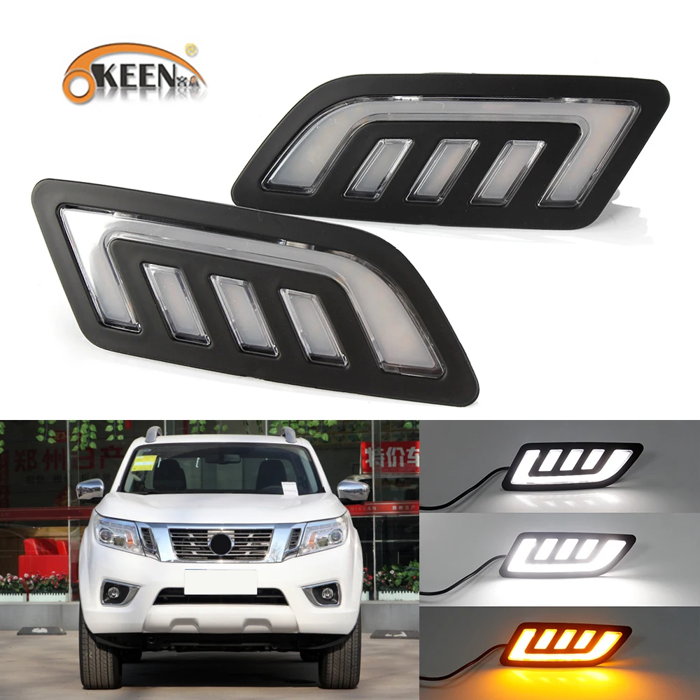 OKEEN 2x Car LED Daytime Running Light for Nissan Navarre 2018 2019 2020 2021 Day Light White Turn Signal Light Yellow Fog Lamps