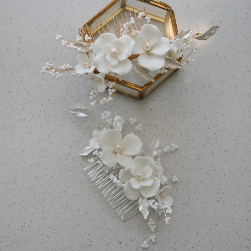 Ins White Ceramic Flower Hair Piece Bridal Comb Pearls Wedding Jewelry Handmade Women Hair Ornament