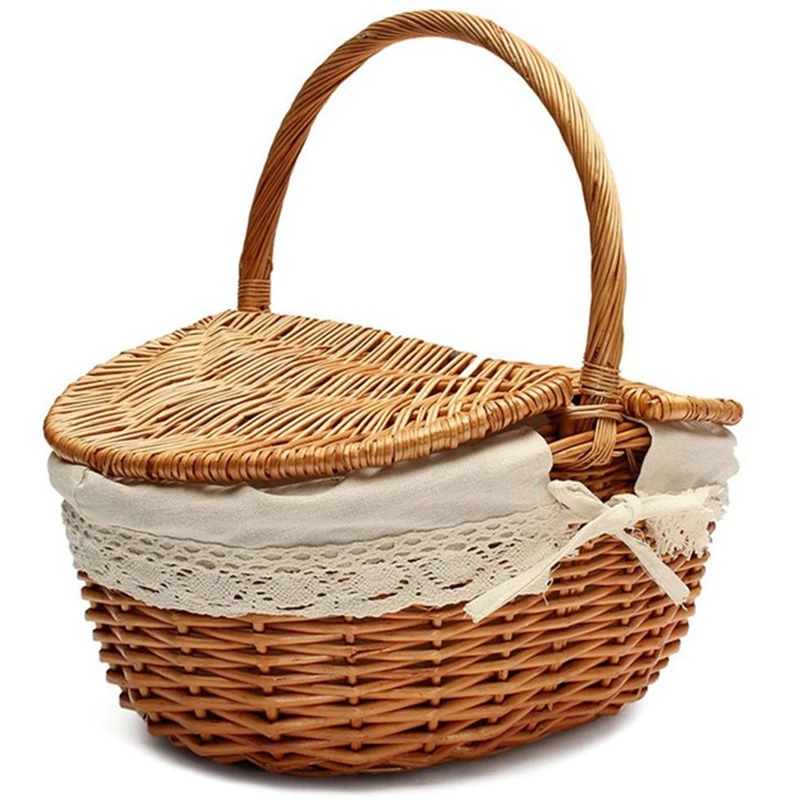 

LUDA Handmade Wicker Basket with Handle Wicker Camping Picnic Basket with Double Lids Storage Hamper Basket with Cloth Lining