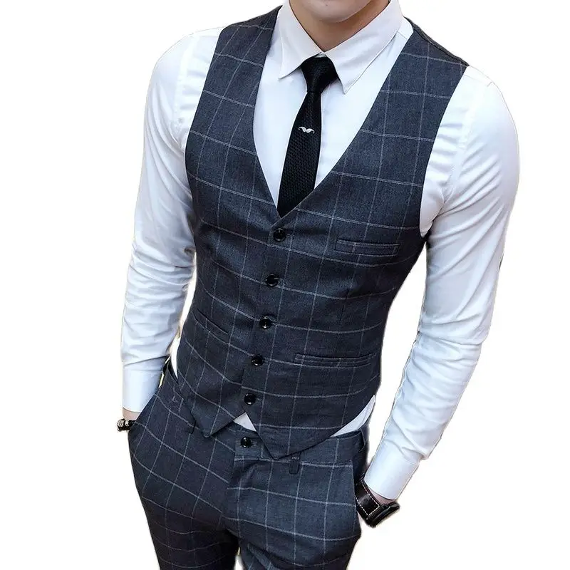 Fashion Brands Male Suit Vests Business Wedding Dresses Tops Men Slim Fit Male Casual Grid Waistcoat Size S-4XL