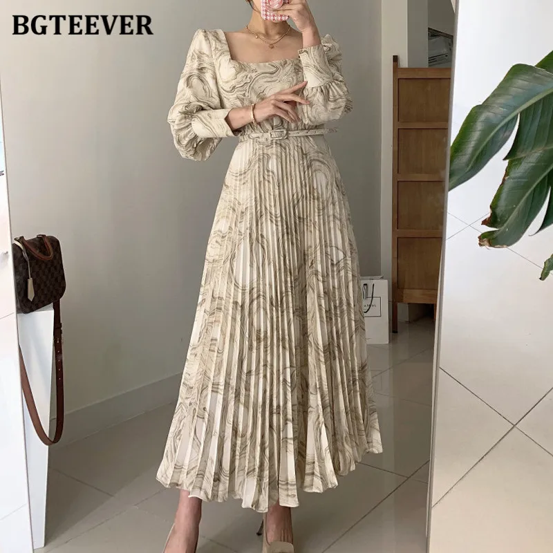 BGTEEVER Elegant Square Collar Women Pleated Dress Long Sleeve Slim Belted Sashes Female Printed Dress Vestidos 2021