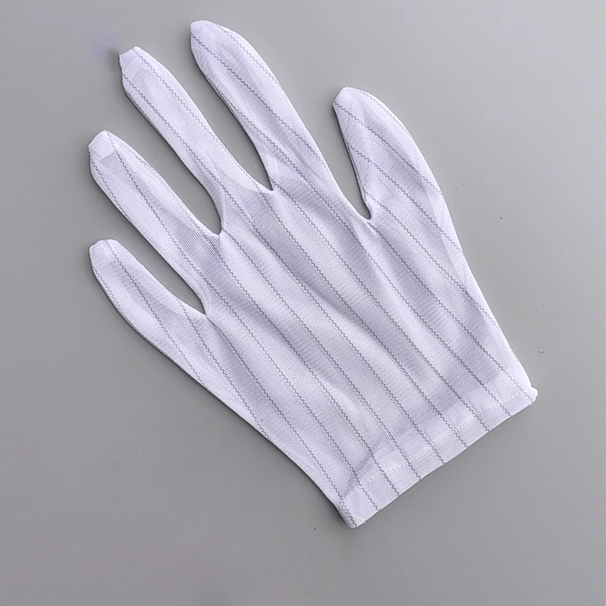Guantes antiestáticos recubiertos de rayas y puntos, protección de seguridad para las manos, limpieza de cámaras DSLR, color blanco, 1 par