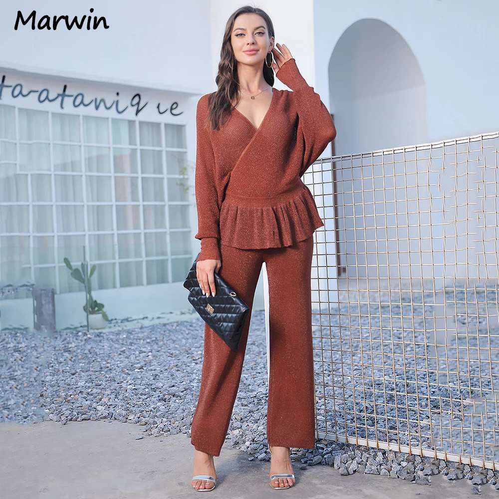 Marwin New-Coming Spring Autumn Solid V-Neck Kintted Sweater Top Full Length Pants Outfit England Style Two Pieces Women‘s Sets