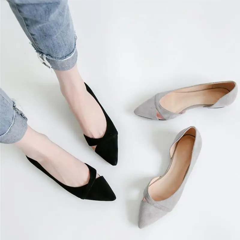 Women Shoes Flats Gray Pointed Toe Basic Simple Concise Flat Heel Shoes Extra Big Size 43 44 45 46 Small Size 31 32 33 Lady Shoe