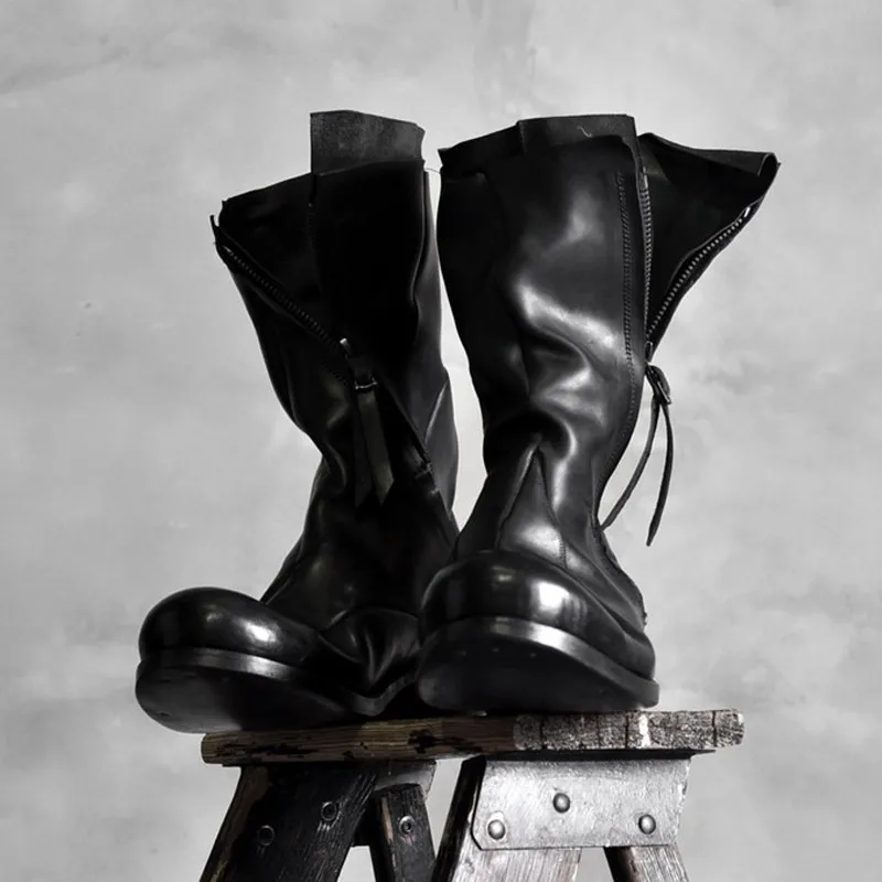 High Quality Designer Asymmetrical 100% Genuine Leather Boots Men Punk Black Cowboy Shoes Fashion Mens Biker Long Boots 35-46