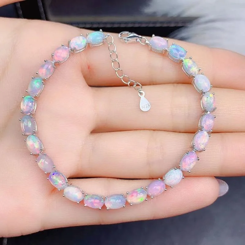 Jewelry Natural Opal Bracelet for Daily Wear  4*6mm Opal 925 Silver Opal Silver Bracelet 925 Silver Opal Jewelry