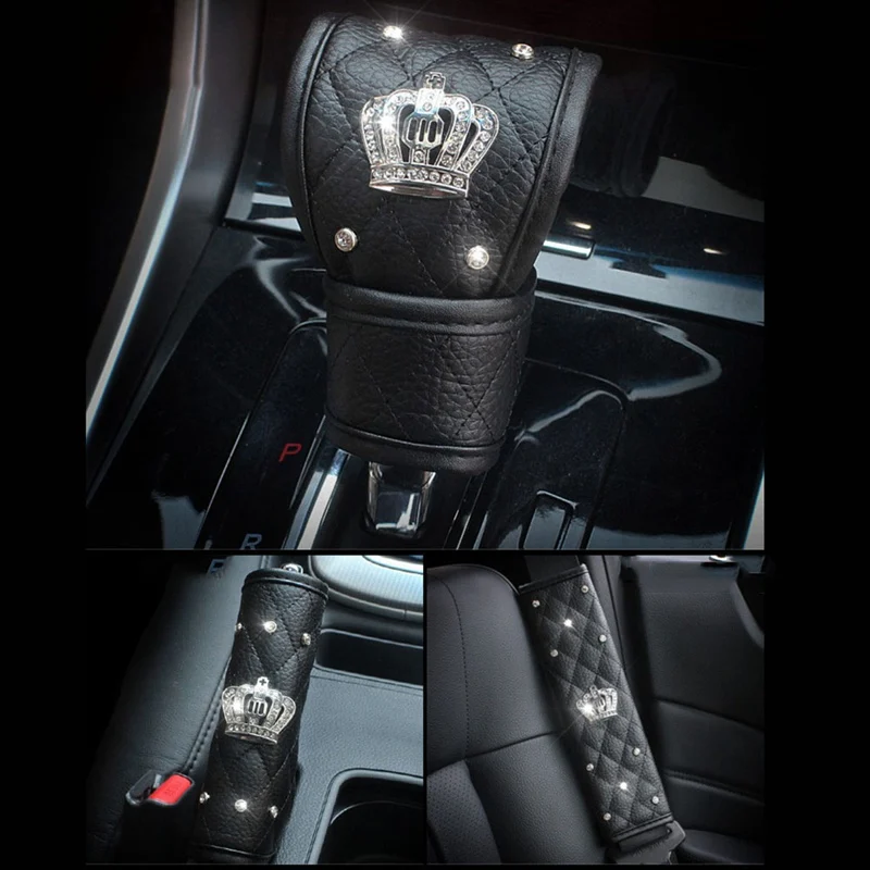 Luxury Diamond Car Seat Belt Cover Seat Belt Shoulder Pad Crown Crystal Rhinestones Shifter Gear Cover Hand Brake Accessories