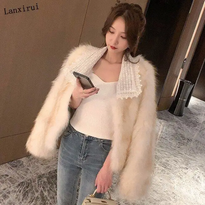 Ladies Jacket Full Fur Fake Fox Fur Coat Winter Warm Fashion Round Lace Neck Leather Rrass Short Jacket Outwear