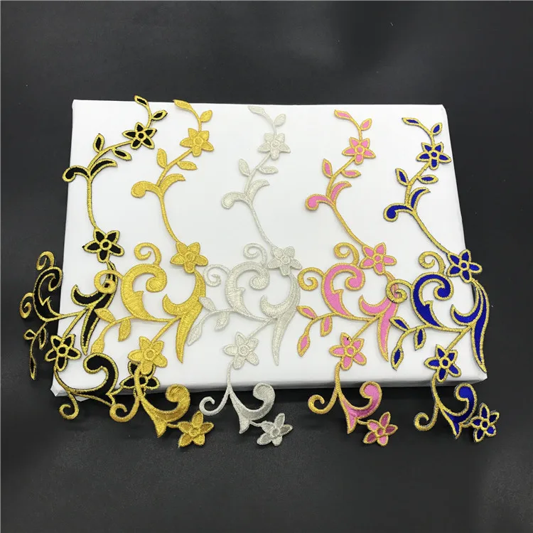 1Pair/20.8X6cm Flower Gold pink Applique Clothing Embroidery Patch Fabric Sticker Iron On Patch Craft Sewing Repair