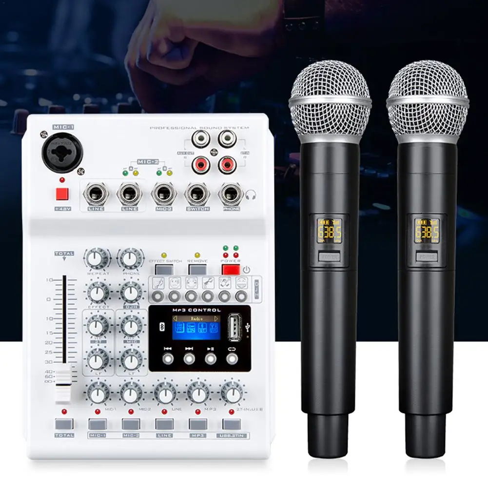 

Wireless Streaming Audio Mixer With 2 UHF Wireless Mics 4 Channels Mixing Console 48V Phantom Power USB For DJ Karaoke PC Guitar