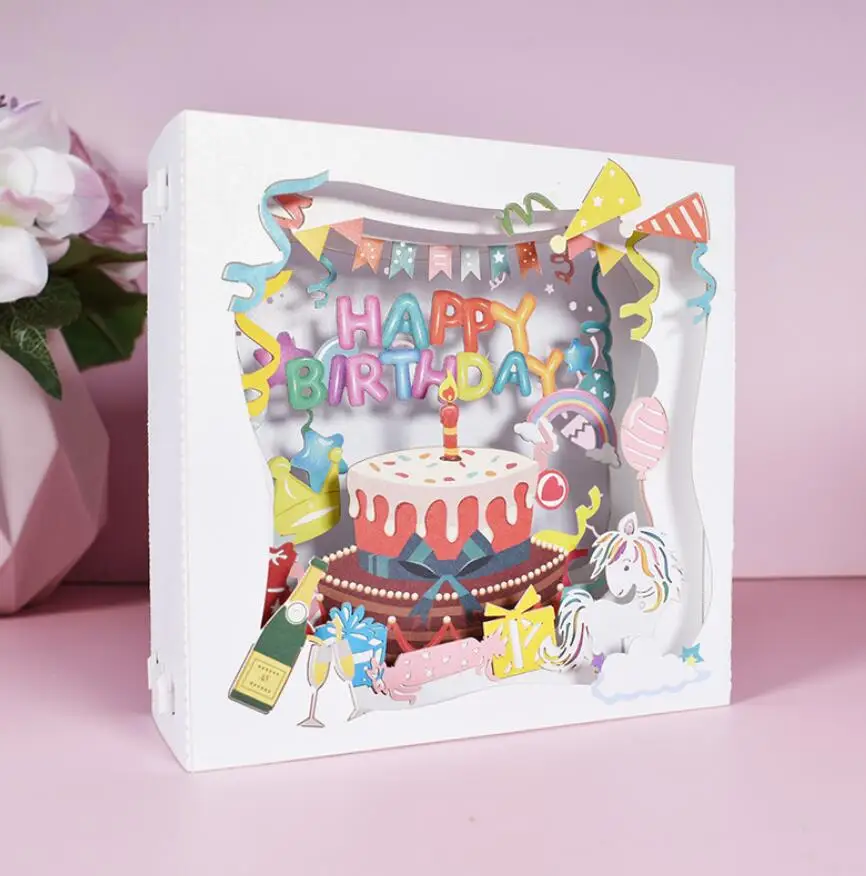 5pcs 15*20cm  Origami 3D Pop UP Happy Birthday Cake Box Greeting Card Invitation For Wedding Xmas Party Souvenirs Gift