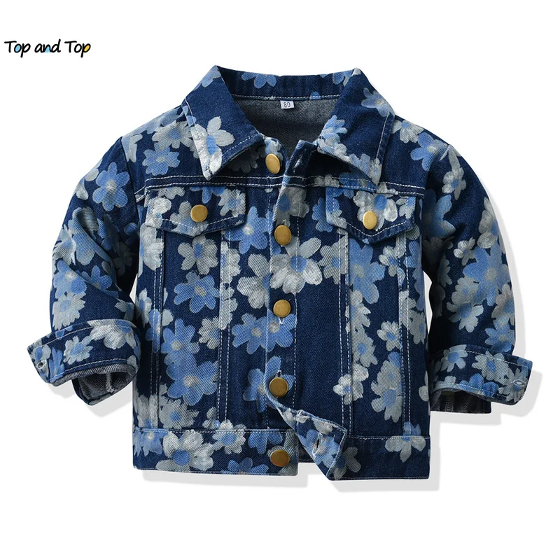 

top and top Fashion Kids Boys Denim Jacket Children Flower Print Long Sleeve Buttons Tops Toddler Girls Casual Outerwear Costume