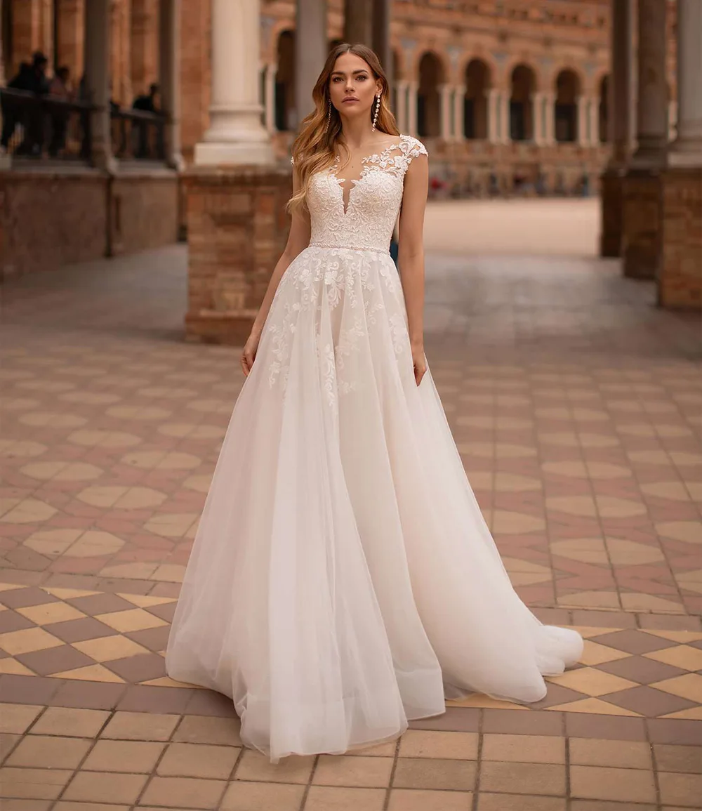 

Classic Scoop Cap Sleeves Lace Wedding Gowns Sweep Train Beaded Bride Dress 2021 A Line Robe de Mariage