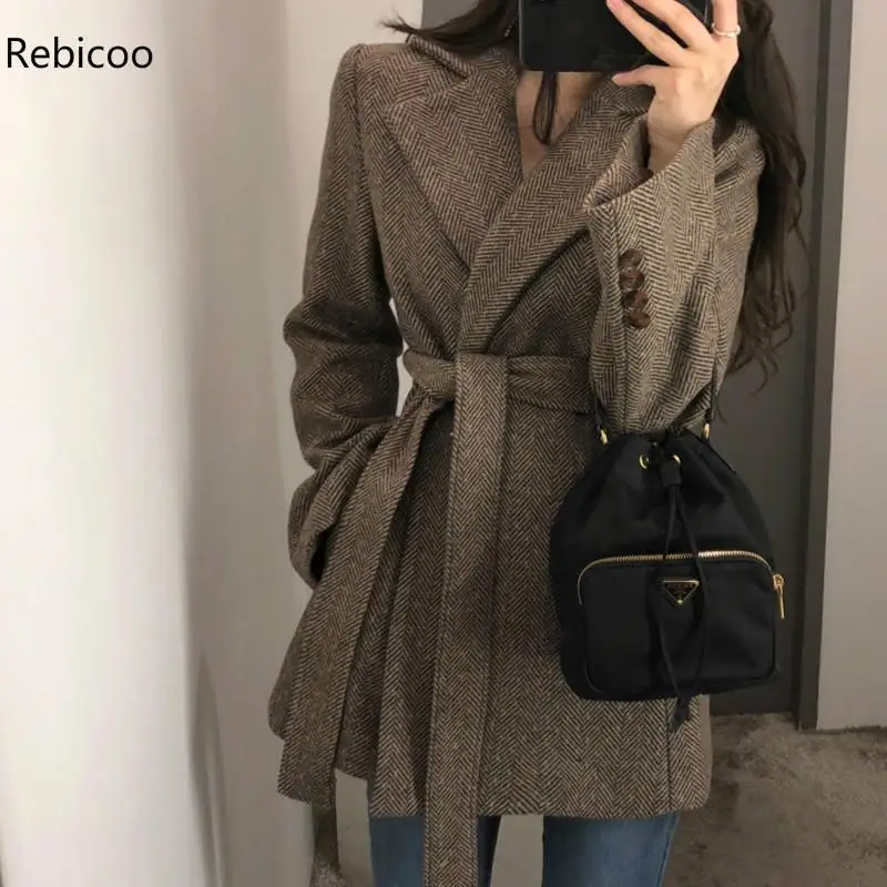 

Women Autumn Winter Luxury Wool Blends Sash Waisted Slim Wool Coats Elegant Plaid Printed OL Suits Vintage Chic Coats Outfits