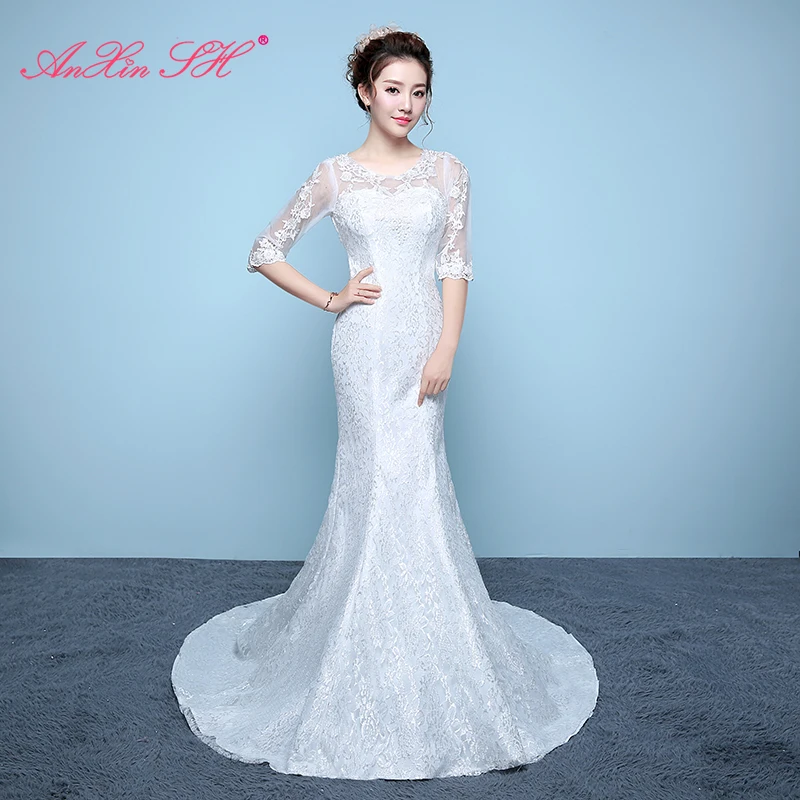 

AnXin SH princess white flower lace mermaid wedding dress vintage o neck illusion turkey half sleeve trumpet wedding dress