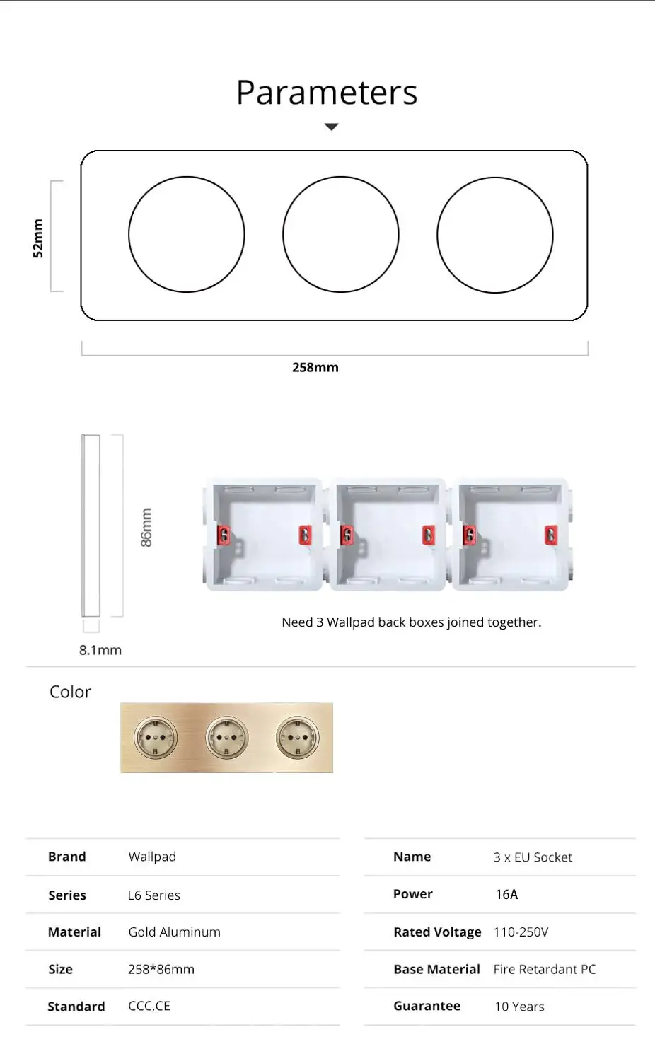 Wallpad Electrical Socket German Schuko EU Wall Socket Gold Brushed Aluminum Metal Panel, 258*86mm, L6