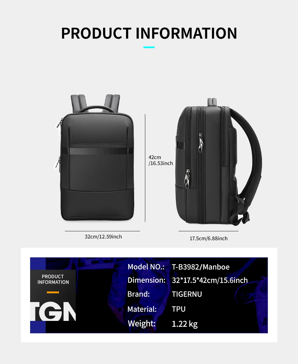 Tigernu Anti Diebstahl Rucksack 15,6 zoll Laptop Rucksack Männer TPU Wasserdichte Reise Rucksäcke Männlichen Schule Taschen Für Männer Gepäck Taschen – Detail 9