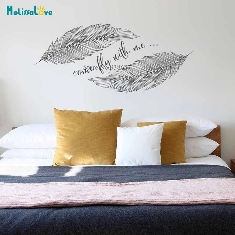 Come Fly With Me Feather Design Wall Decal Headboard Living Room Nursery Decor Apartment Wall Art Removable Vinyl Stickers BB761