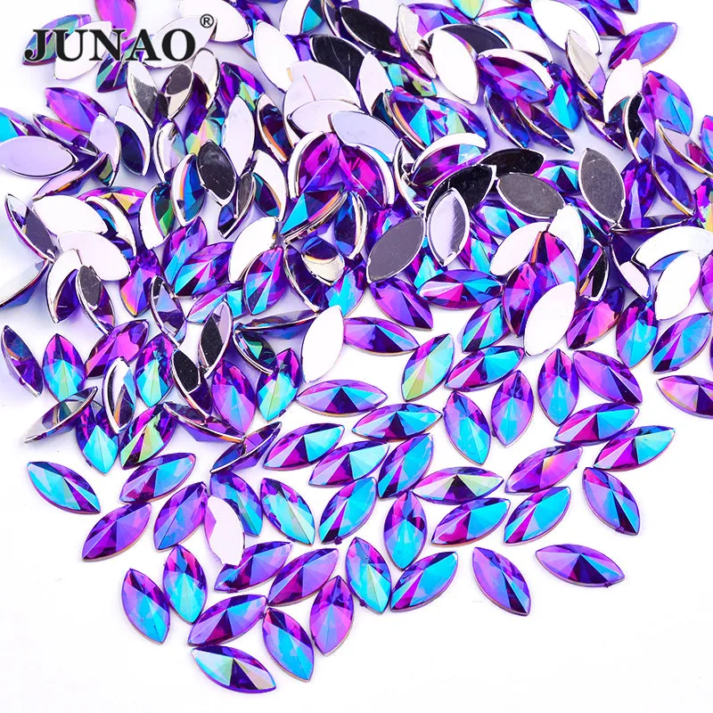 JUNAO 7x15mm Glitter Rose AB Acrylic Crystal Rhinestones Nail Art Stones Horse Eye Shape Flatback Glue On Strass for Decoration