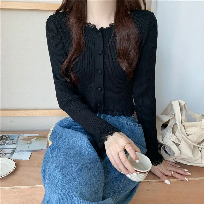 Solid Lovely Women Casual Fashion Sweater Buttons Up Rib Knitted O Neck Ropa Mujer Long Sleeve Basic Cardigan Harajuku Lace Top