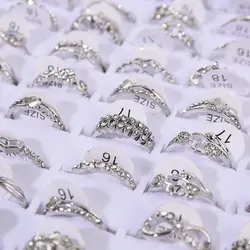 10pcs Wholesale Ring Bulk Lots Jewelry Silver Color Vintage Crystal Rhinestone Finger Rings Female Jewelry Mixed Random Style