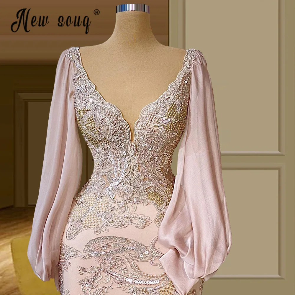 Robe de soirée sirène en dentelle perlée à col en V pour femmes, robes de Rhformelles, rose blush de Dubaï, luxe, fête de mariage, quoi que ce soit