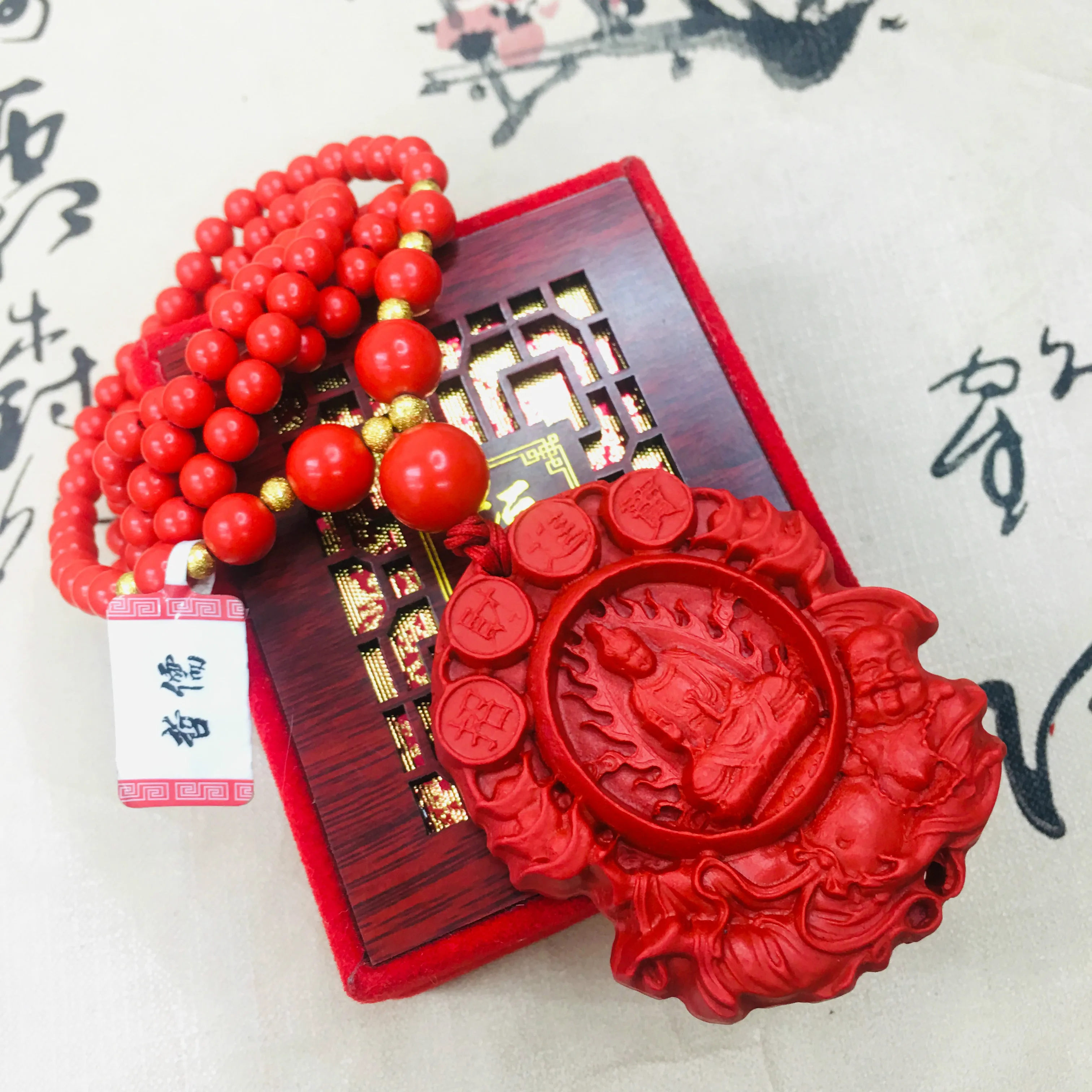 

Zheru natural cinnabar carved red lotus Guanyin pendant with cinnabar bead necklace men and women sweater chain