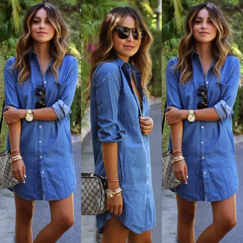 Factory Direct Sales Women Denim Jeans Dress Button Summer Long Sleeve Casual Tops Shirt Dress