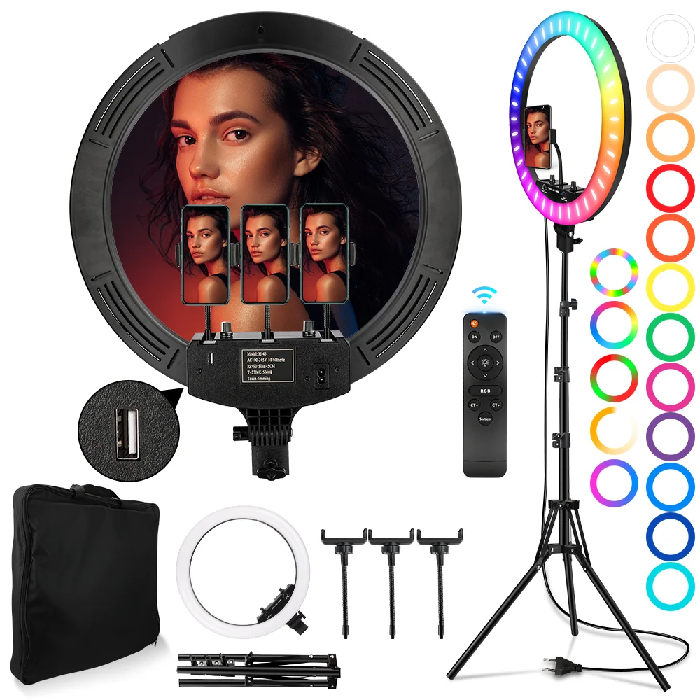 18 Inch RGB Ring Light 50W Photography Ring Lamp with Tripod Remote 45cm LED Fill Light Dimmable Selfie Live Lighting for Phone