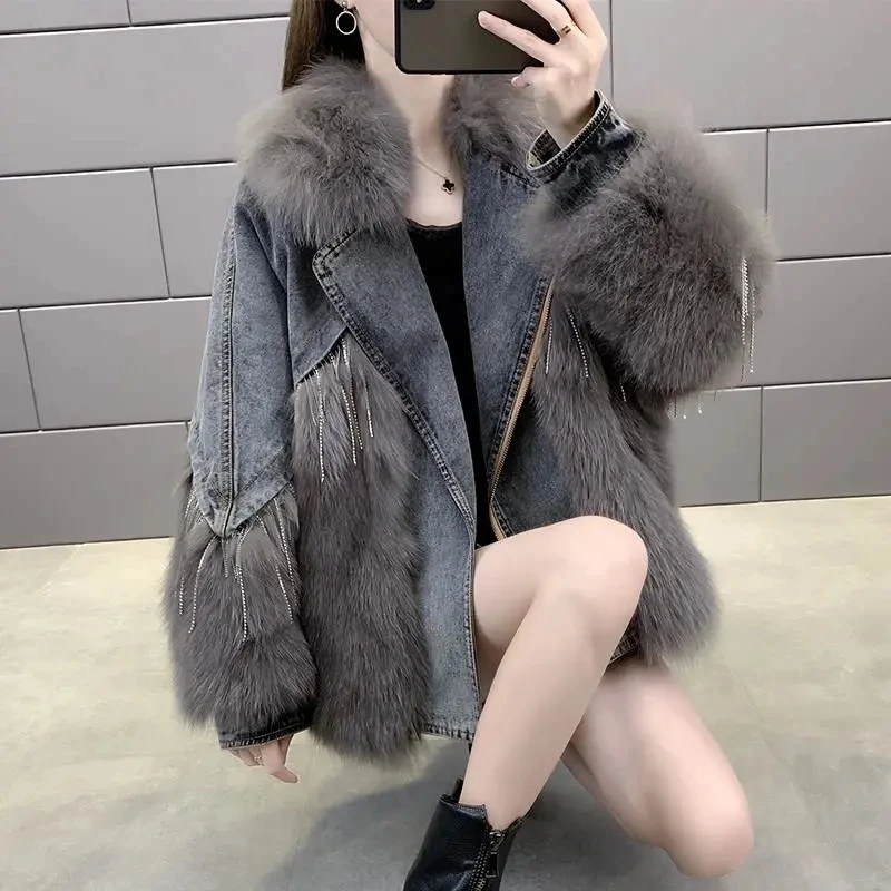 Winter Denim Jacket Women Clothing  New Patchwork Faux Fur Jean Coat Fashion Beaded Tassel Parker Overcoat Jaqueta Feminina