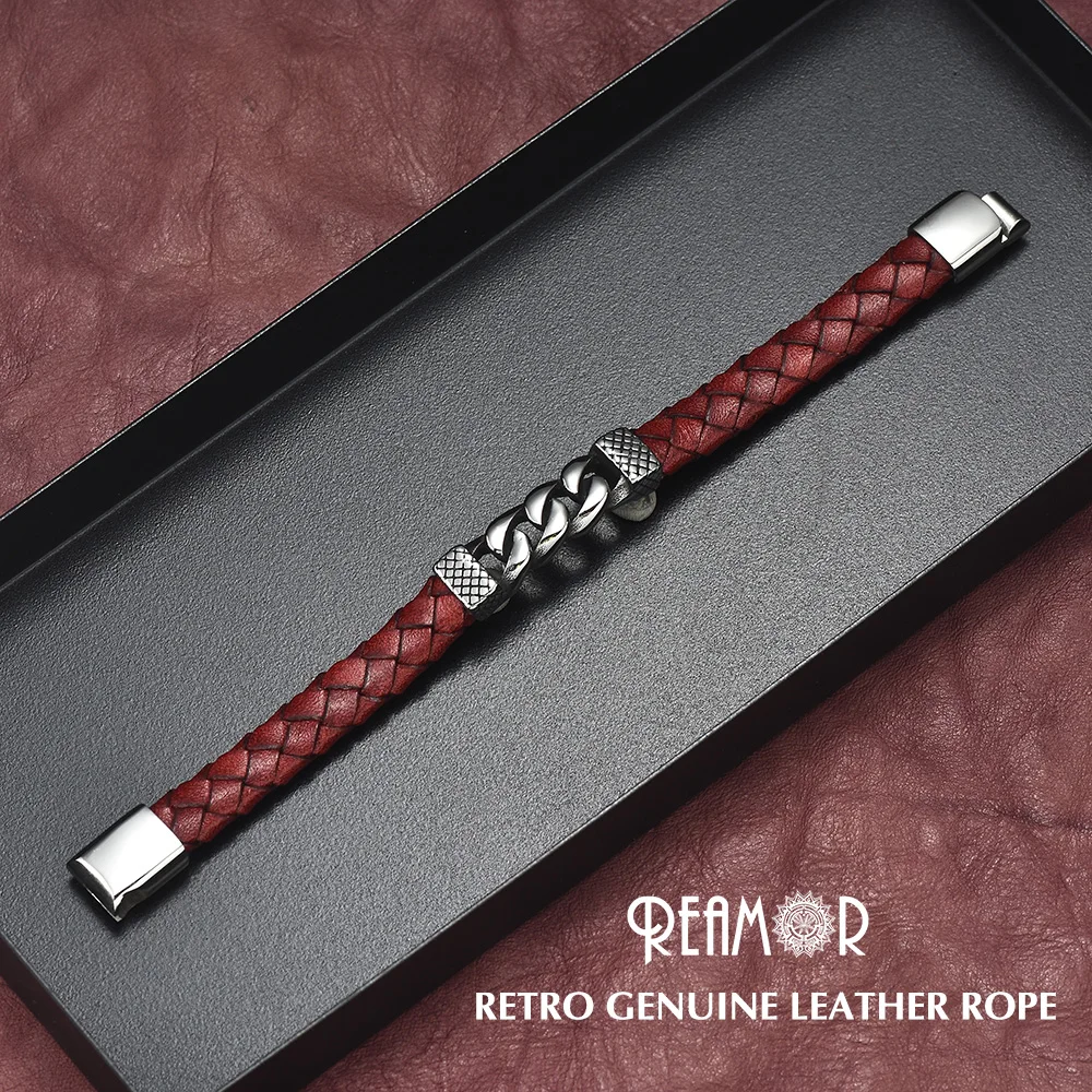 REAMOR Classic Stainless Steel Bracelets & Bangles Men's Fashion Red Genuine Leather Bracelet Wristbands Gift Male Jewelry