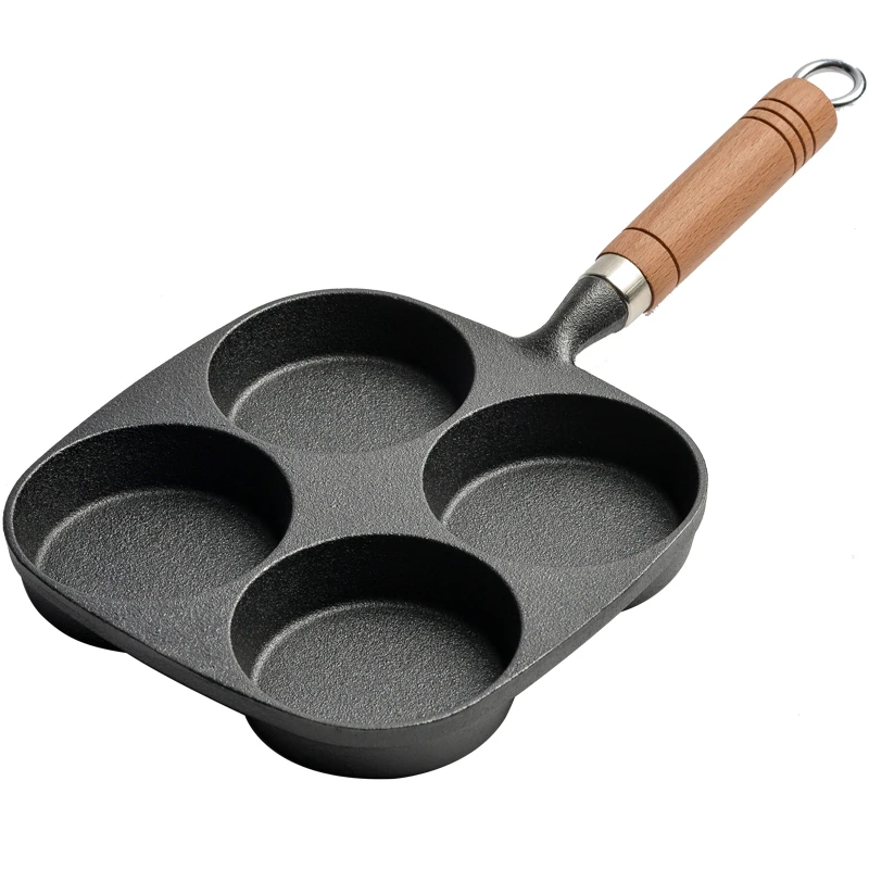 

Four-Hole Cast Iron Frying Pot Thickened Omelet Pan Black Non-stick Egg Steak Ham Pancake Wooden Handle Kitchen Cooking pots