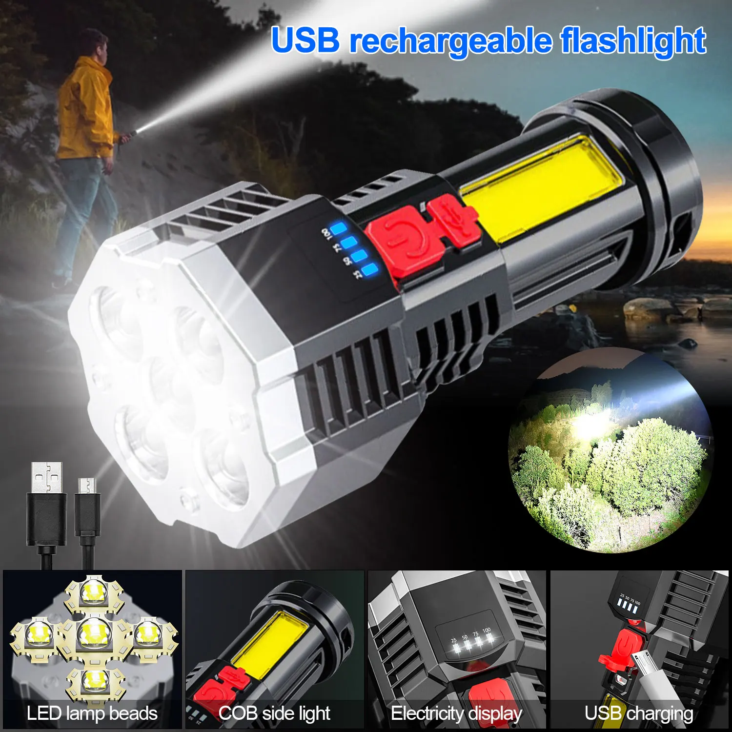 4-core Latern Fishing Light Attractor Fishing Searchlight Portable Spotlights Handheld Searchlight Powerful Longrange Led Light