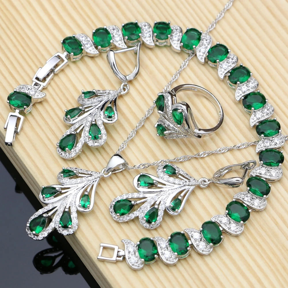 Silver 925 Jewelry Sets Green Zircon White Crystal Costume For Women Stones Leaves Earrings Rings Necklace Set Dropshipping