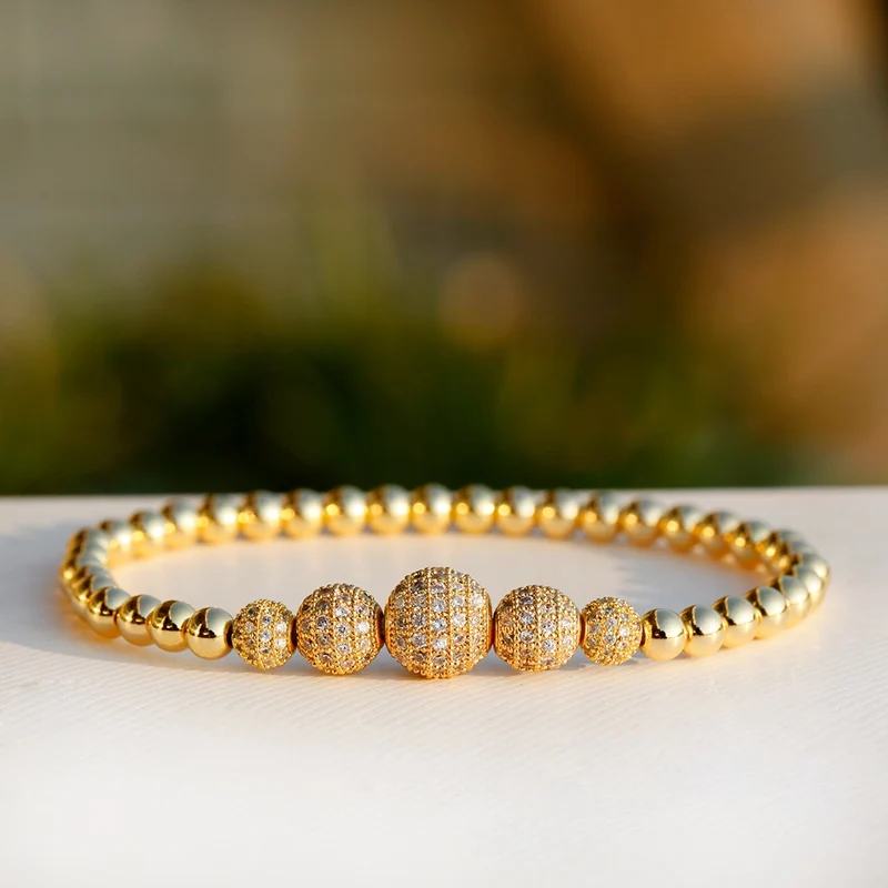 2020 Classic Gold Color Ball Copper Beaded Bracelet For Men Luxury White CZ Handmade Bracelet Women Jewelry