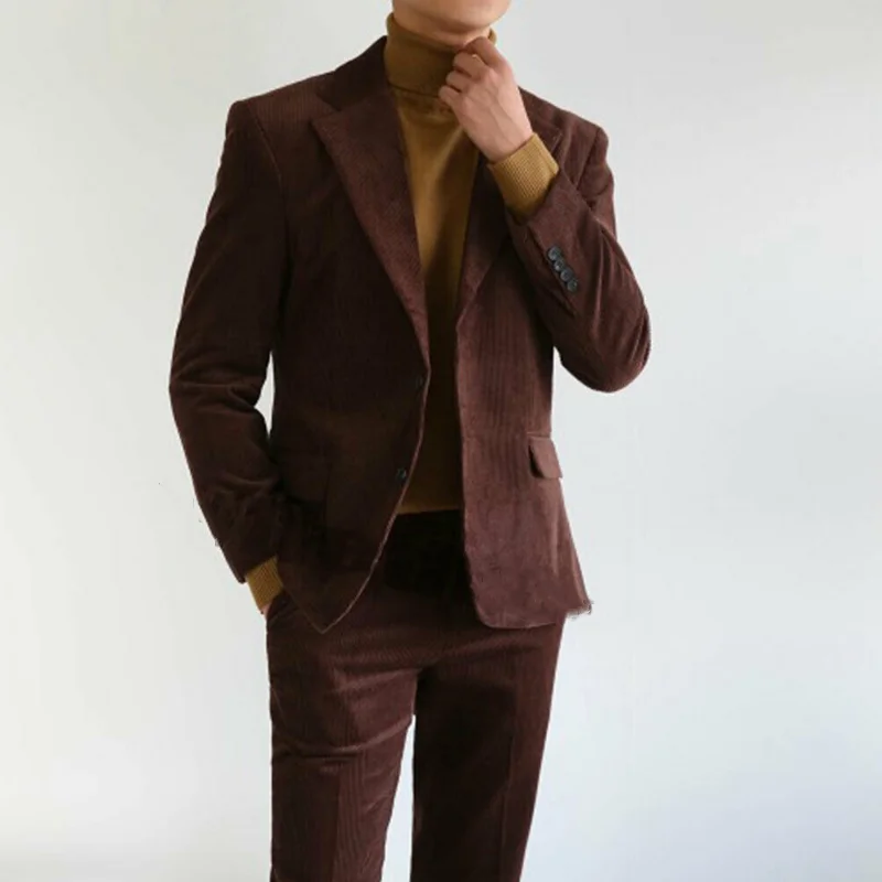 2021 Terno Masculino Brown Corduroy Men Suits Casual Male Suit Fall Winter 2 Pieces Set Formal Bussy Wear Blazer Pants Costume