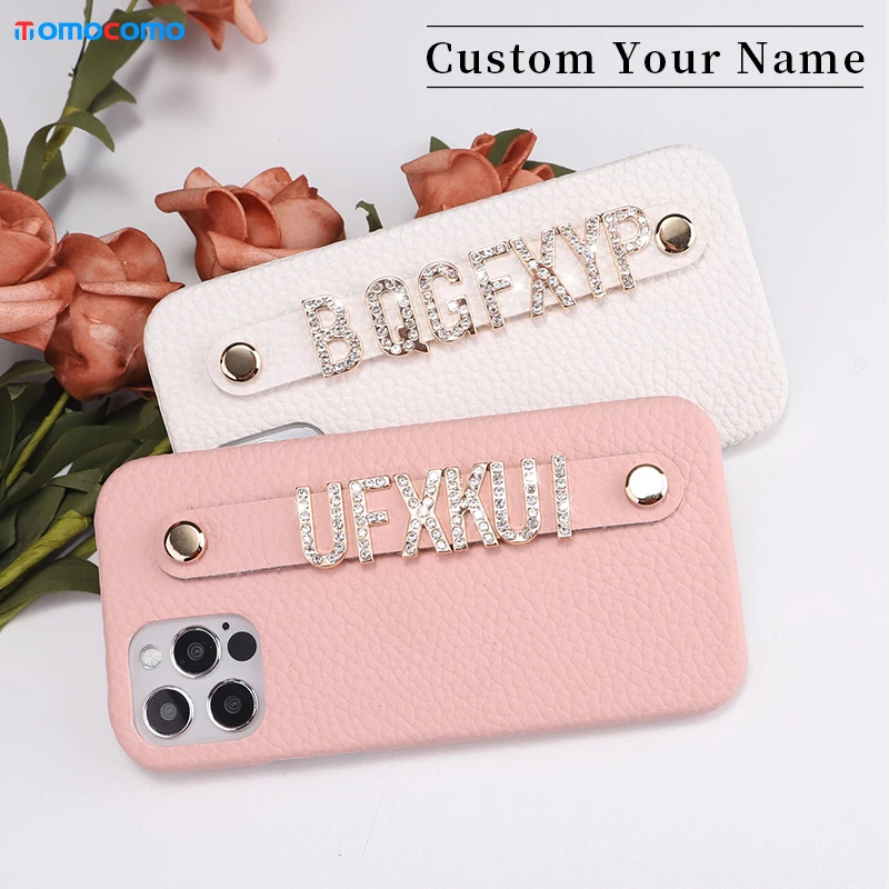 

Pebble Leather Custom Name Cowhide Phone Case Diamond Metal Letters Cover iPhone 15 14Pro Max 14Plus 13Pro Max 13 12 11