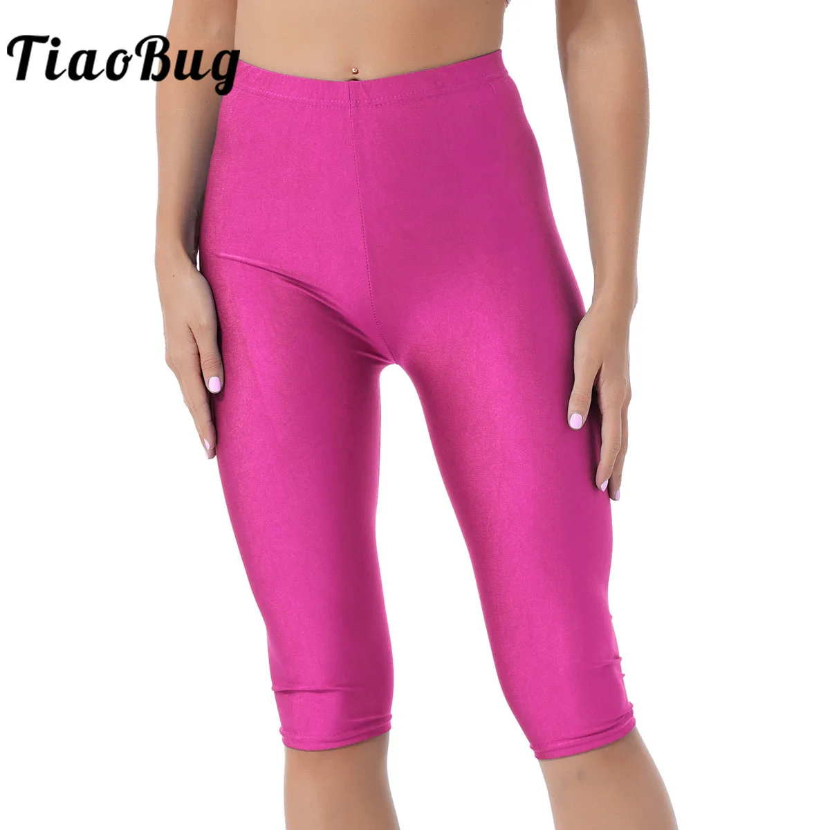 Women Girls Shiny Metallic Stretch Half Leggings Gymnastic Ballet Dance Yoga Tights Pants Hot Party Club Pole Dance Costumes