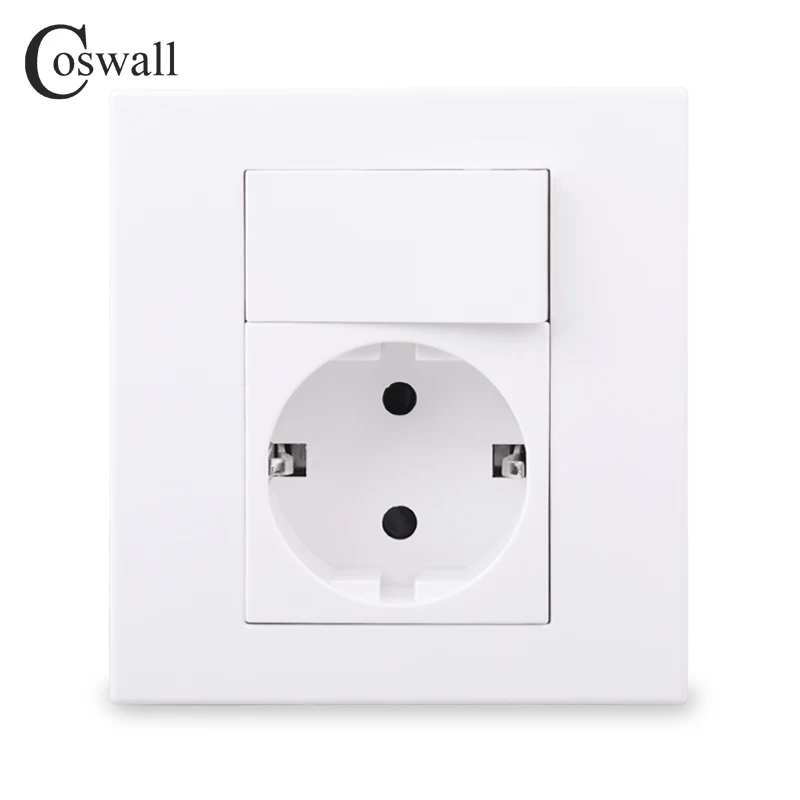 Coswall PC Panel EU Russia Spain Wall Socket + 16A 1 Gang 1 Way On / Off Rocker Light Switch White Color Modular 92*86mm