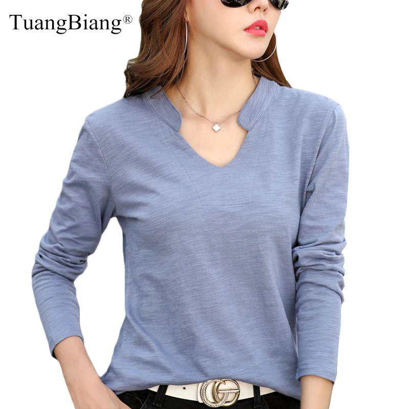 TuangBiang 2023 Spring Long Sleeve Women V-Neck Bamboo Cotton T-Shirt Elegant Loose Fashion Tee Shirt Ladies Stand Collar Tops