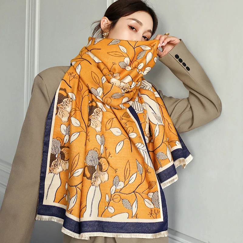 

Imitation Cashmere Women Vintage Elegant Floral Print Winter Scarf Warm Knit Tassel Female Thick Blanket Long Wrap Shawl Present