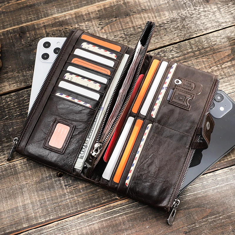 Contato de gravura livre homens carteira de couro genuíno zipper capacidade masculina bolsa de dinheiro longo telefone titular do cartão de bolso