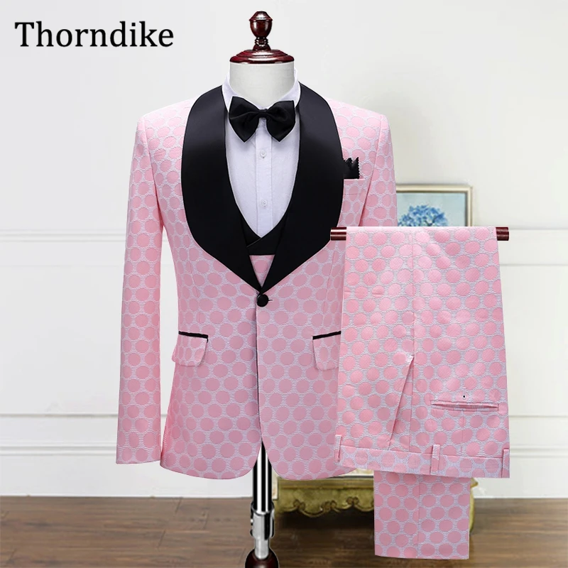 

Thorndike New Autumn Wedding Suit For Men Custome Homme Black Shawl Lapel Pingk Dot Groom Tuxedos Casual Elegant Male Pants Set