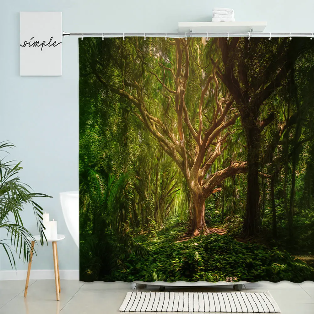 Foggy Forest Scenery Shower Curtain Happy Halloween Bathroom Decor Tree Dreamy Horror Night Scene With Hook Waterproof Screen