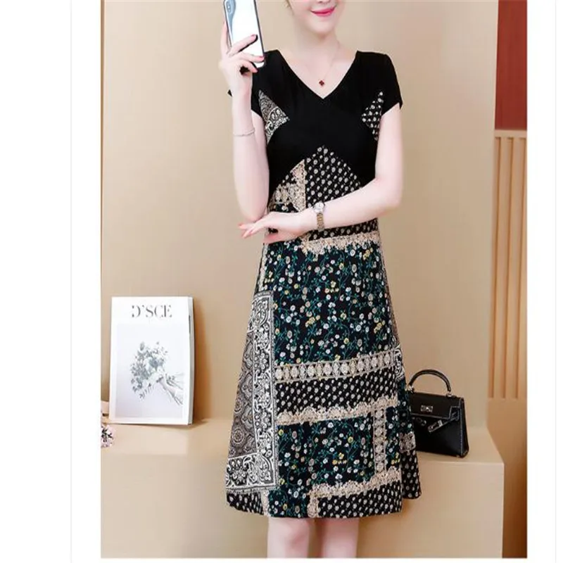 

High Quality Summer New Women'S Party Casual Vintage Elegant Chic Gentlewoman Printing Stitching Fashion Chiffon Dress