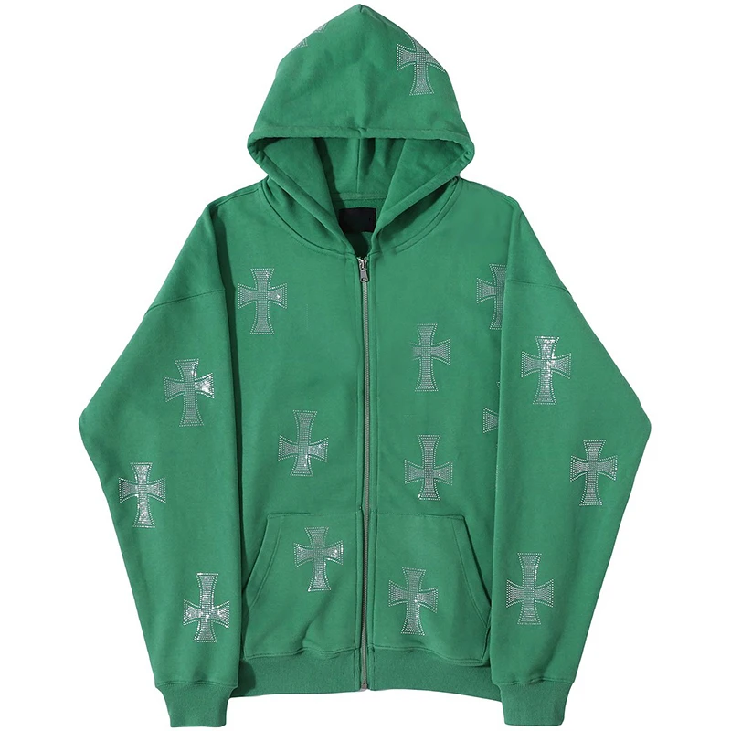 Rhinestone Gothic Streetwear Green Zipup Hoodie Y2k Hip Hop Joggers Sweatshirt Korean Punk Sport Coat Pullover clothes album top