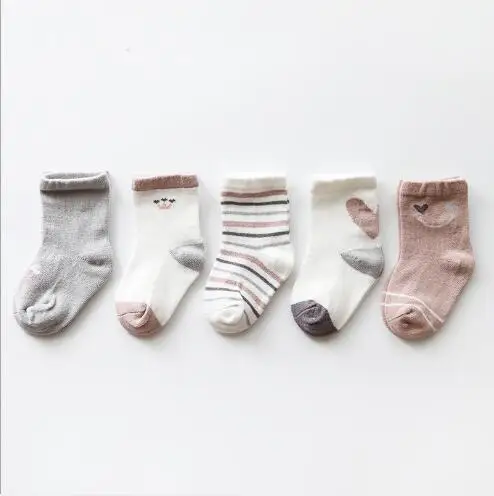 Chaussettes tube en coton peigné pour bébé, 5 paires/lot, printemps et automne, dessin animé, ample, bouche infantile, nouveau-né, animal, rayure