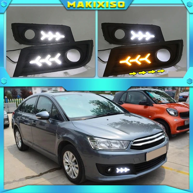 

LED DRL daytime running light+Front fog light For Citroen C-Quatre 2012-2018 with Dynamic moving yellow turn signal